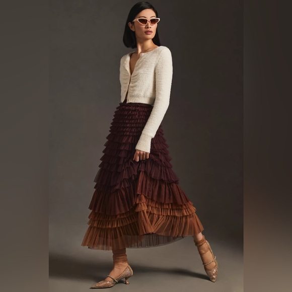 Anthropologie Let Me Be Ruffled Tulle Skirt, Burgundy Tan Ombré, M - Picture 1 of 16